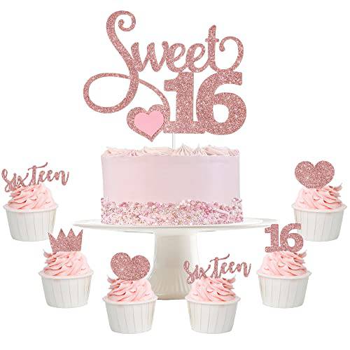 Sweet 16 Cake Toppers, Rose Gold Glitter Sweet 16 Cupcake Topper for 16th Girls Birthday Party Cake Decorations Supplies, Set of 25