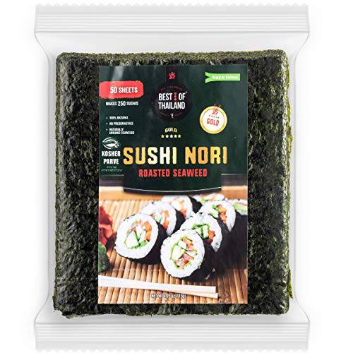 Best of Thailand Organic Sushi Nori Seaweed Sheets | Resealable Bulk Bag 50 Full Nori Sheets for Sushi | Premium Roasted Kosher Korean Seaweed | Non-GMO Vegan Dried Seaweed | All-Natural Keto-Friendly