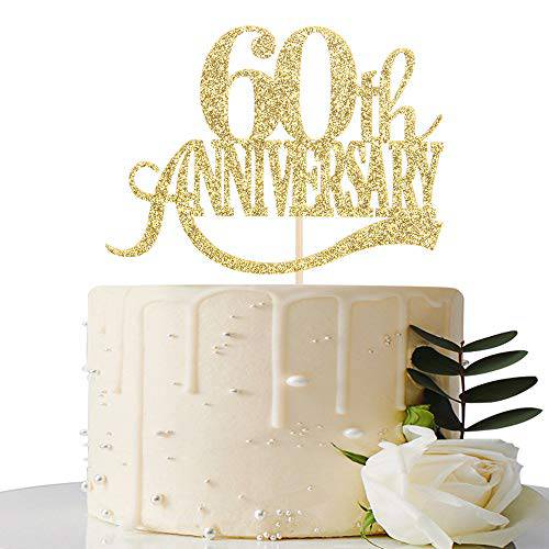 Gold Glitter 60th Anniversary Cake Topper - for 60th Wedding Anniversary / 60th Anniversary Party / 60th Birthday Party Decorations