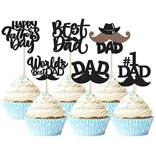 Gyufise 24Pcs Happy Father’s Day Cupcake Toppers with Moustache Black Glitter World’s Best Dad Cupcake Picks Decorations for Happy Father’s Day Theme Party Cake Decorations Supplies