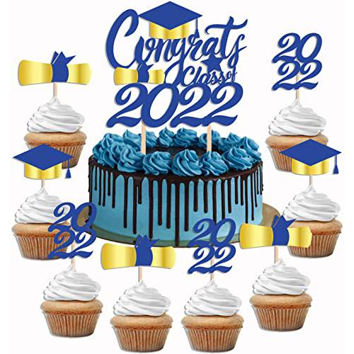 19Pcs Graduation Cupcake Toppers 2022 - Class of 2022 Graduation Party Decorations, Graduation Party Mini Cake Dessert Decorations, Grad Congrats Graduation Party Supplies (Blue)