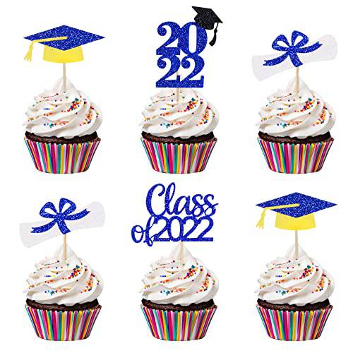 2022 Graduation Cupcake Toppers- 24Pcs Graduation Cupcake Toppers for 2022 Graduation Party Decorations,Graduation Decorations 2022 Blue and Yellow, Graduation Picks for Cupcakes