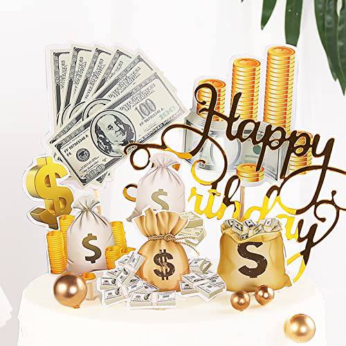 10PCS Happy Birthday Cake Topper, Dollar Bill Dollar Sign Cupcake Toppers, Money Theme Cake Decorations for Birthday Party Anniversary Wedding Party Supplies