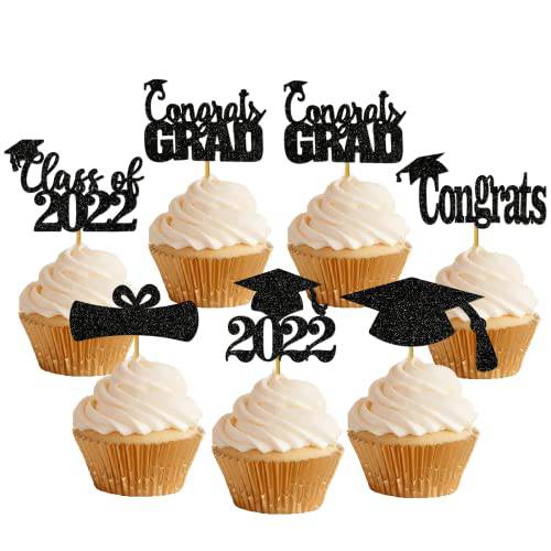 MZ.ogm 24Pcs 2022 Cupcake Toppers Graduation Toppers for Cupcakes Graduation Cap Cupcake Toppers Class of 2022 Cupcake Toppers Grad Cupcake Toppers 2022 for Graduation Party Decorations (black)