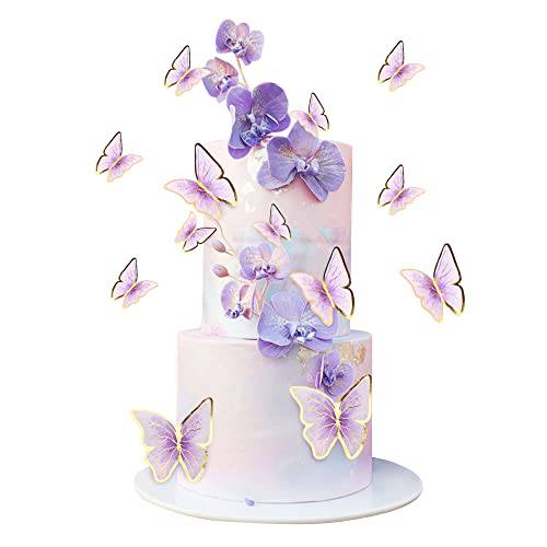 Cyodoos 30pcs Purple Gold Edge Mixed Size Lively 3D Butterfly Cupcake Topper for Girls Women’s Happy Birthday Wedding Party Cake Wall Party Food Decorations