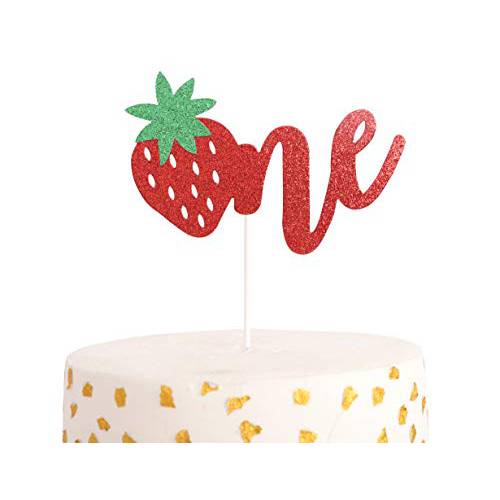 Strawberry Cake Toppers for 1st Birthday - Strawberry Cake Toppers for Photo Booth Props and BackCake Smash,Best Strawberry Birthday Party Supplies (Strawberry One Cake Topper)