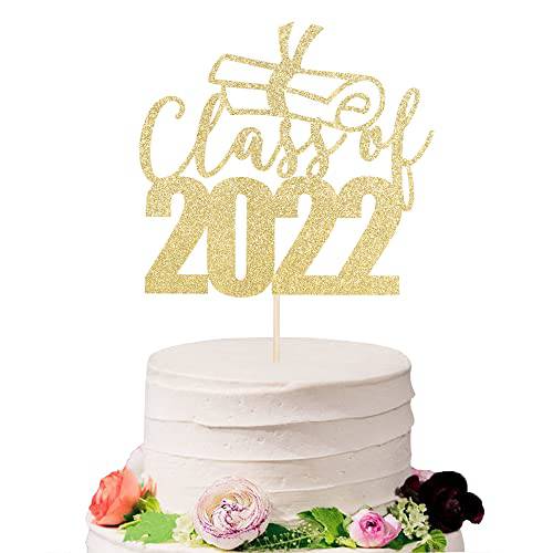 Sodasos Class of 2022 Cake Topper - Congrats Grad Cake Toppers - Gold Glitter Graduation Party Decorations