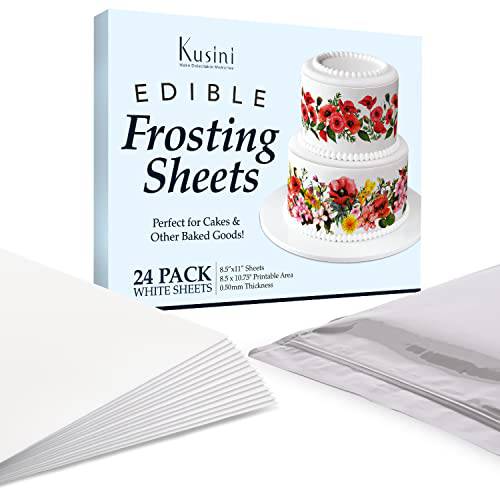 Kusini Edible Paper – 24 Frosting Sheets in Resealable Packaging, Kosher Certified And Vegan-Friendly – 8.5” x 11” White Icing Sheets for Cakes Printable