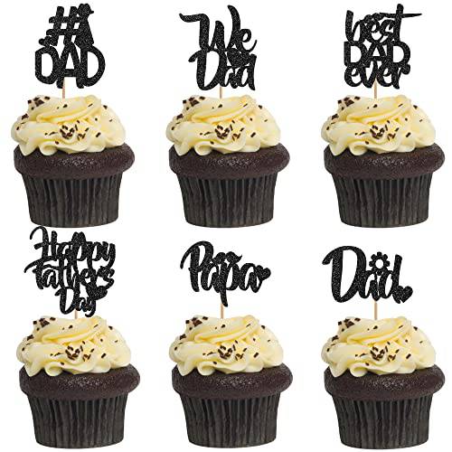 36 PCS Father’s Day Cupcake Toppers, Black Glitter Happy Father’s Day Cupcake Decorations Cake Toppers Food Picks for Father’s Birthday Party Supplies