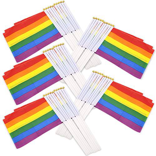 Hananona 50 Pcs Rainbow Pride Flags 8.3” x 5.5” Mini Small LGBT Gay Hand Held Stick Flags Party Decorations Supplies For Mardi Gras Parades,Rainbow Festival (Rainbow)