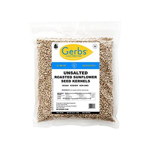 GERBS Unsalted Dry Roasted Sunflower Seed Kernels No Shell 2 lbs., Top 14 Allergy Free Foods, Healthy Superfood Snack, Non GMO, No Oils, No Preservatives, Resealable Bag, Gluten & Peanut Free, Vegan, Keto, Kosher Certified