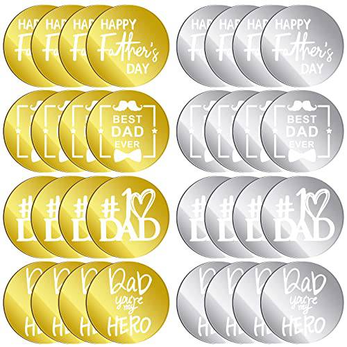 32 Pcs Happy Fathers Day Cupcake Topper Father’s Day Acrylic Mirror Disc Round Cake Engraved Topper Charms for Mom Dad Birthday Party Decor(Gold, Silver,Dad)