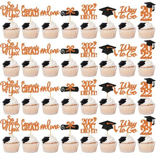 40Pcs Glitter Graduation Cupcake Topper Orange, 2022 Cupcake Toppers Graduation Class of 2022 Cupcake Toppers Supplies, Congrats Cupcake Toppers Graduation Party Decorations 2022 Orange and Black