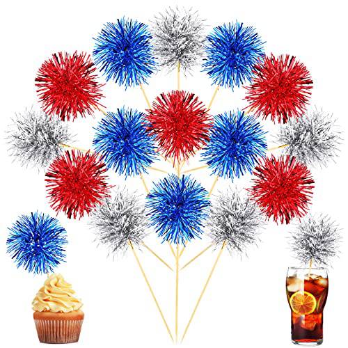 100 Pcs Firework Cupcake Topper 4th of July Cocktail Picks Graduation Cupcake Toppers Patriotic Decorative Tinsel Toothpicks Holiday Graduation Independence Day Party Decorations(Silver, Red, Blue)