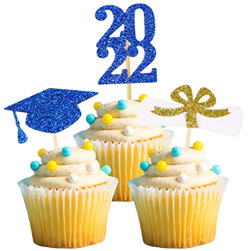 Larchio 48pcs 2022 Graduation Cupcake Toppers, Blue Graduation Cupcake Picks Glitter Graduation Cap Cake Topper for 2022 Grad Cake Decorations