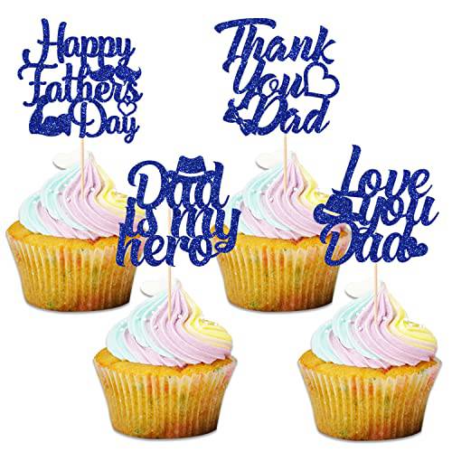 JOZON 24 Pieces Glittery Happy Father’s Day Cupcake Toppers with Tie Hat Heart Beard Signs Fathers Day Love You Dad Thank you Dad Dad Is My Hero Cupcake Picks for Dads Day Party Supplies Cupcake Decorations (Blue)