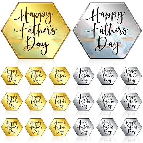 24 Pieces Happy Father’s Day Cake Disc Mirror Acrylic Cupcake Toppers Mini Cake Topper Discs (Hexagon)