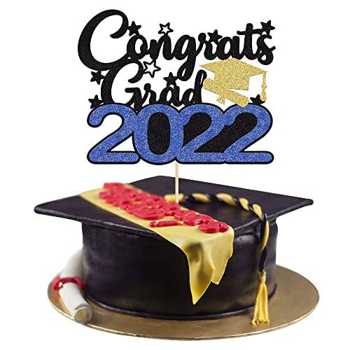Gyufise 1Pcs Congrats Grad Cake Topper Blue 2022 Graduation Cake Pick Decorations Glitter Grad Cap Cake Topper for 2022 Graduation Theme Party Supplies