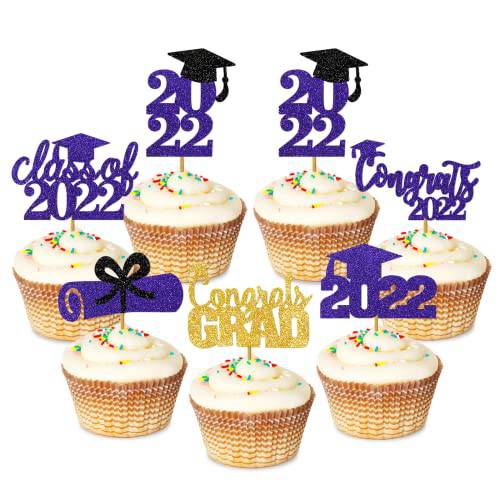 Glitter Graduation Cupcake Toppers, Graduation Cupcake Picks, Class of 2022 Cupcake Toppers, Grad Cupcake Toppers 2022, Graduation Cap Cake Topper 2022, Congrats Cupcake Toppers, Graduation Cupcake Decorations (Purple&Gold)