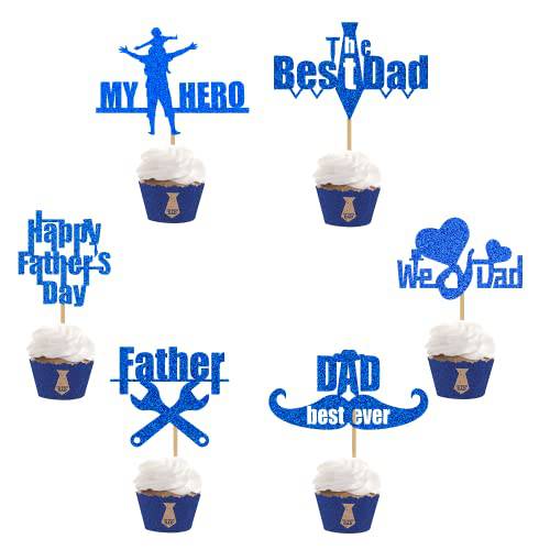 24 Pack Happy Fathers Day Cupcake Toppers,Dark Blue Glitter Fathers Day Cupcake Picks,Fathers Day Cupcake Picks Decorations For Best Ever Dad ,Fathers Day Cupcake Decorations Theme Party