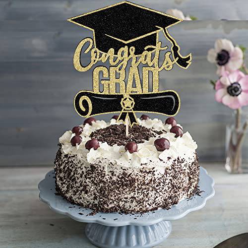 Sodasos Glitter Congrats Grad Cake Topper,2022 Graduation Cake Topper,Congrats Grad Party Cake Decorations Supplies for Senior High School College Grad Party Supplies (black gold)