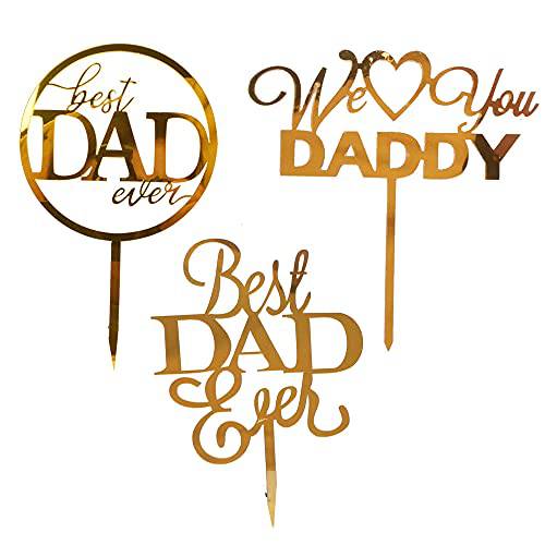 YUINYO 3pcs Happy Birthday Cake Topper For DAD party , Cake Topper for DADA cake topper decorations Happy Father’s Day party supplies for papa(Gold Acrylic)
