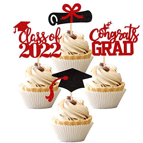 24 PCS 2022 Graduation Theme Cupcake Toppers Glitter Class of 2022 Diploma I Did it Congrats Grad Cap Cupcake Picks 2022 Graduation Theme Party Cake Decorations Supplies Red