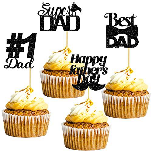 CAVLA 36 Pieces Happy Father’s Day Cupcake Toppers Black Glitter Super Dad No.1 Dad Best Dad Fathers Day Cupcake Picks with Beard Tie Signs Father’s Day Cupcake Decorations Dad’s Day Party Supplies