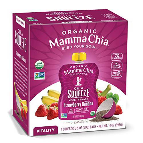 Mamma Chia Organic Vitality Squeeze Snack, Strawberry Banana, Chia Pouches. USDA Organic, Non-GMO, Vegan, Gluten Free, and Kosher. Fruit and Vegetables with only 70 Calories, 3.5 Ounce (Pack of 24)