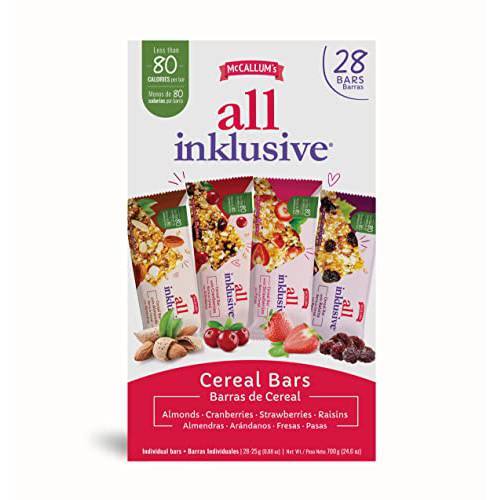 All Inklusive Cereal Bars (28 Pack) – Almonds, Cranberries, Strawberries, & Raisins Healthy Cereal Bars w/ ZERO Sugar Added Breakfast Cereal Bars Made w/ Oats, Rice & More - High Fiber Cereal Bars w/ Vitamins & Mineral (24.6 oz) 80 Cal.