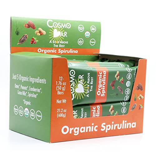 COSMO BAR | 100% Organic Spirulina Energy Bars | 12 Count | Protein, Antioxidant, Omega 3, Fiber, Iron | Gluten-Free, Vegan Superfood | No Added Sugar | Immunity Boost | 1.76 Oz (50g) Each