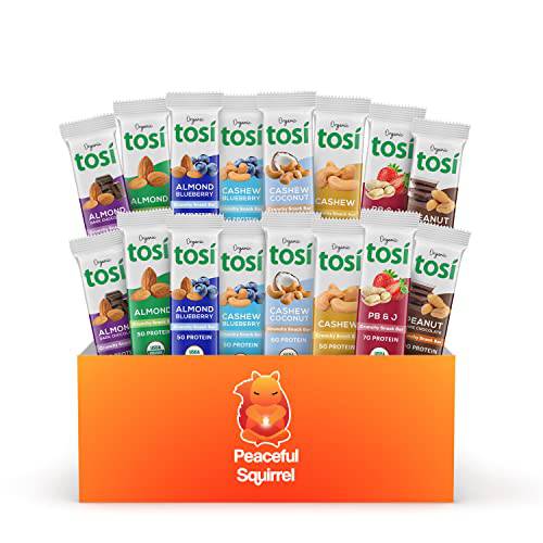 Peaceful Squirrel Variety, Tosi Organic SuperBites Nut Bars, 16-Pack, Variety of 8 Flavors, Vegan Snacks, Keto-Friendly, Gluten Free, Soy Free, Dairy Free, Non-GMO, Plant Protein, Omega 3s, Fiber, 16 Bars, 1 Ounce