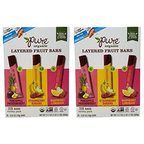 Pure Organic Layered Fruit Bars - Pineapple Passion Fruit, Strawberry Banana, and Raspberry Lemonade - 28 Fruit Bars Per Box - Choose a 56 Pack or 84 Pack (56)
