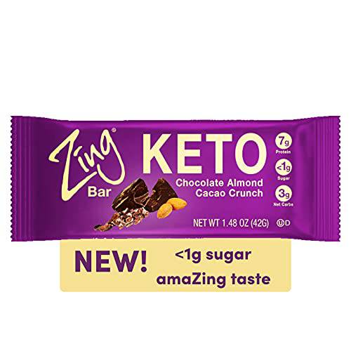 Zing Bars Keto Low Carb Protein Bar Bold Chocolate Almond Cacao Crunch, 7g Protein, 3g Net Carbs, 1g Sugar - Plant Based, Gluten Free, No Added Sugar, 1.48 Oz, Pack of 12