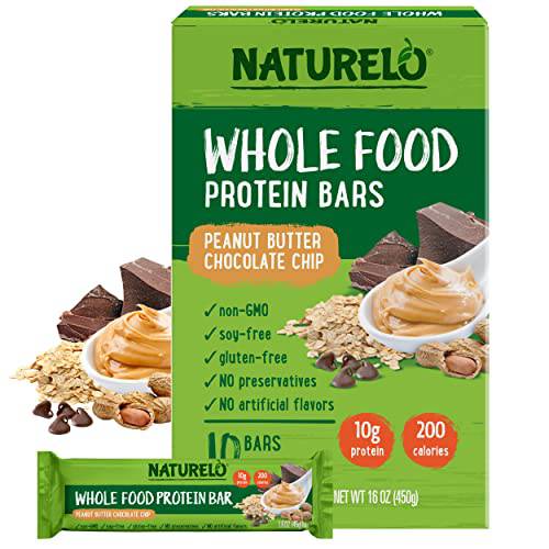 NATURELO Whole Food Protein Bar, Peanut Butter Chocolate Chip - 10g of Protein, Soy Free, Gluten Free, Non-GMO, No Artificial Sweeteners, Flavors, or Preservatives - 1.6 oz Bars, 10 Count