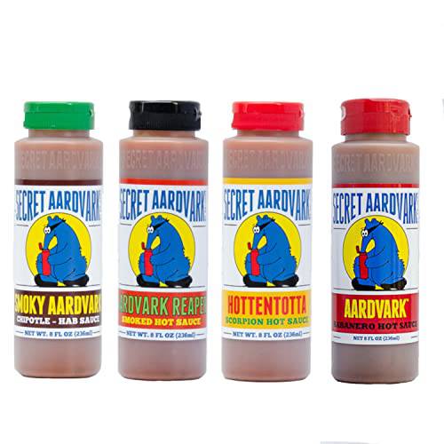 Secret Aardvark Hot Sauce Variety Pack - Smokey Chipotle, Reaper, Red Scorpion, & Habanero Hot Sauce, Non-GMO Hot Sauce & Marinades, Gluten-Free, Medium to Spicy Hot Sauce Set - Variety, 8 oz (Pack of 4)