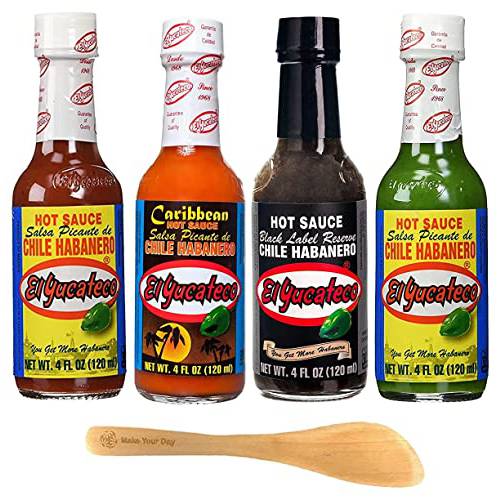 El Yucateco Chile Habanero Hot Sauce, Red Habanero, Carribean, Black Label Reserve, and Green Habanero, 4 Ounce (Pack of 4) - Packed in MYD Box with Spreader