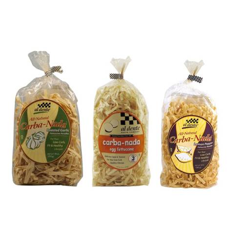 Al Dente Carba-Nada Pasta Egg Noodles Bundle, Low Carb Pasta Homemade Kosher Fettuccine Pasta Noodles Variety Pack – Egg Fettuccine, Roasted Garlic - Gourmet Velvety Texture Low Calorie Pasta (2-Pack Total), 10 oz Each Packed by GOLD LABELED