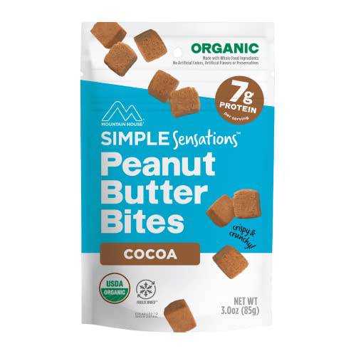 Mountain House Simple Sensations Peanut Butter Bites - Cocoa | 3-Serving Pouch | Certified Organic | Gluten-Free | Vegetarian | Freeze-Dried Snack | 7g Plant-Based Protein Per Serving