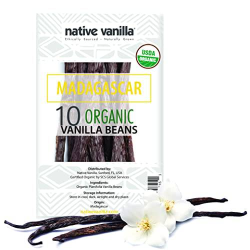 Native Vanilla - Organic Madagascar Vanilla Beans - 10 Premium Gourmet Whole Pods - For Restaurants and Home Baking, Cooking, Dessert Crafting, Beverages and Making Vanilla Extract