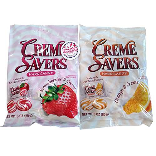 Emporium Candy Creme Savers - Orange and Creme Strawberry and Creme - 1 3 oz Bag of Each Flavor with Refrigerator Magnet, Red