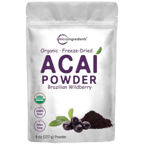 Organic Freeze-Dried Acai Powder 8oz, Sustainably Grown in Brazilian Amazon, 100% Pure Berry Pulp, Raw, Bulk, No Filler, No additives, Great for Acai Bowls, Yogurt, Smoothies, and More