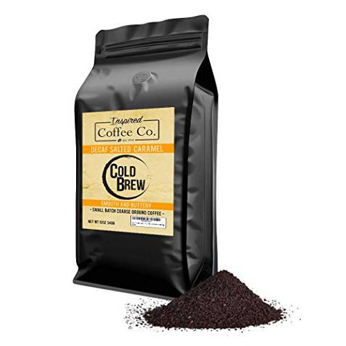 Decaf Salted Caramel - Flavored Cold Brew Coffee - Inspired Coffee Co. - Swiss Water Process - Coarse Ground Coffee - 12 oz. Resealable Bag, Orange and black