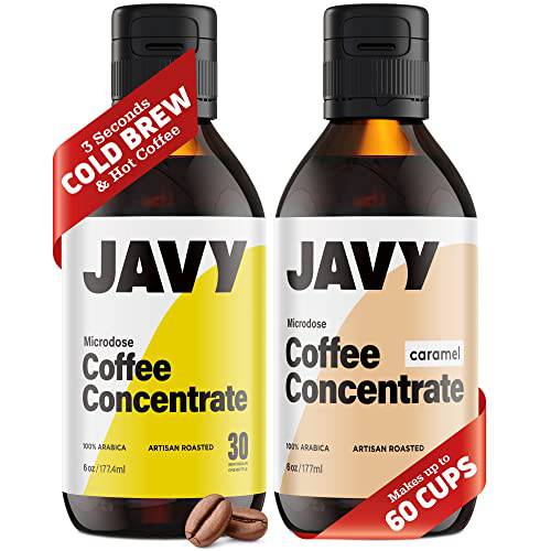 Javy Coffee Microdose Original + Javy Caramel Concentrate Microdose 30X, Artisan Roasted Cold Brew, Cold Brew Beverages, Liquid Coffee Concentrate, Hot & Iced Instant Coffee, 6oz., 30 Servings