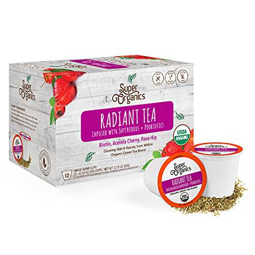 Super Organics Radiant Green Tea with Superfoods and Probiotics (Keurig K-Cup Compatible) 10ct Single Serve Cups (Organic) (13356)
