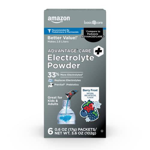 Amazon Basic Care Advantage Care Electrolyte Powder, Berry Frost Powder Sticks, 6 Packets