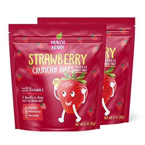 MUNCHBERRY Freeze Dried Strawberries [2oz Bags - 2 Count] 100% Natural Freeze Dried Fruit - No Added Sugar, Preservatives or Additives - Crispy Bites - Freeze Dried Fruit Snacks