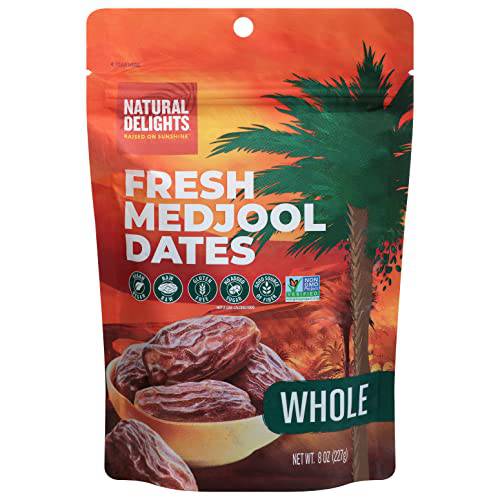 Natural Delights Medjool Dates – Large & Plump Whole Dates Medjool, Non-GMO Verified, Good Source of Fiber, Naturally Sweet Fruit Snack, Perfect for On-the-Go - Medjool Dates Whole, 8 oz Container
