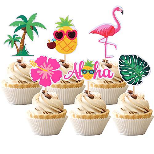 36 PCS Tropical Aloha Luau Cupcake Toppers Palm Tree Flower Turtle Leaves Flamingo Pineapple Cupcake Picks Summer Hawaiian Tropical Luau Aloha Theme Birthday Party Cake Decorations Supplies