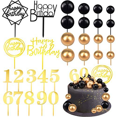 38 Pieces Ball Cake Decorations Set, Acrylic Happy Birthday Cupcake Picks Number 0-9 Toothpicks Ball Shaped Toppers for Holiday Halloween Anniversary Party Favors Supplies (Black Gold)